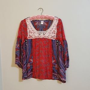 Bila tunic top blue red lace collar size M